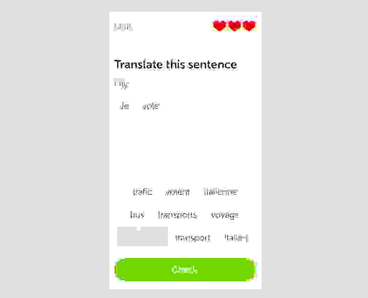 Duolingo smartphone app word selector exercise