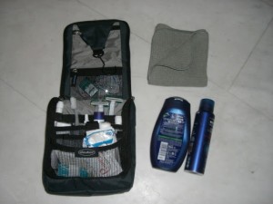 Travel toiletries and travel towel.