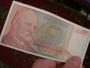 Serbian Dinar from the hyperinflation period in the 1990s.