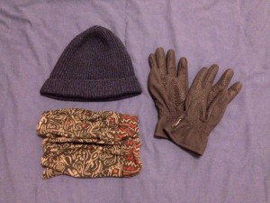 Cold weather travel gear, hat, gloves, scarf or gaiter