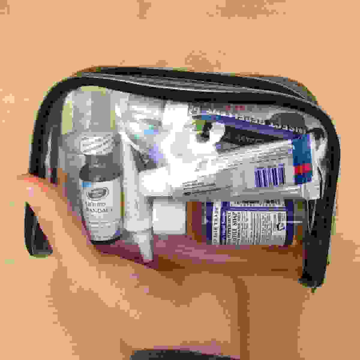 Liquid toiletries in transparent bag