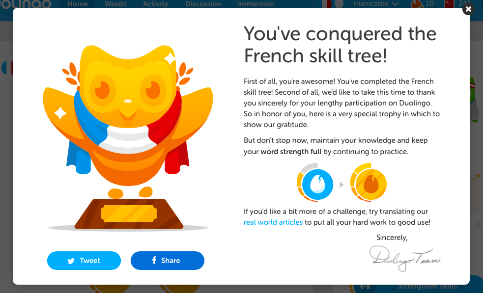 FINALLY. Now I can forget about leagues forever, and get back to actually  learning things! Whew. What a week. : r/duolingo